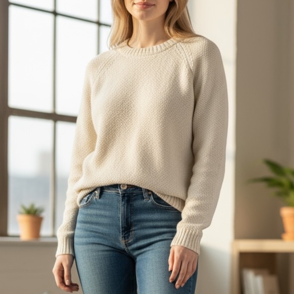 Peruvian Connection Cream, Crewneck Alpaca Net Sweater Size Small